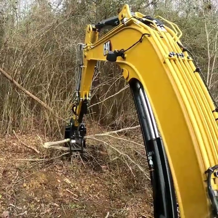 Skilled operator clearing dense shrubs along a blocked property access route